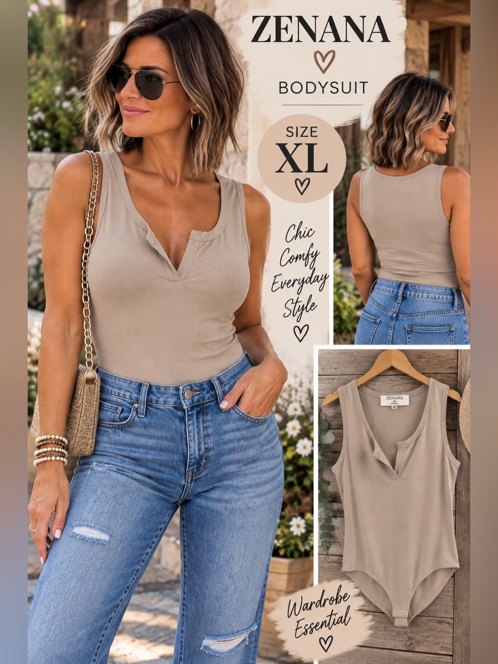 Zenana Outfitters V-Notch Sleeveless Bodysuit in Taupe